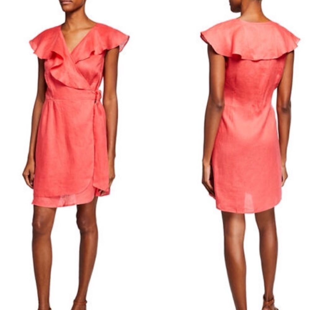 Neiman Marcus Coral Ruffle V-Neck Sleeveless 100% Linen Wrap Dress size S